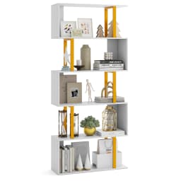 6-Tier Geometric Bookcase 74. 5-Inch S-Shaped Bookshelf with Metal Frame Gold