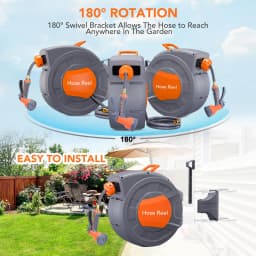 Retractable Garden Hose Reel - 1/2 in x 100 ft, Wall Mounted, 9-Function Sprayer, Any Length Lock, 180° Swivel, Automatic Rewind & Slow Return System