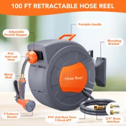 Retractable Garden Hose Reel - 1/2 in x 100 ft, Wall Mounted, 9-Function Sprayer, Any Length Lock, 180° Swivel, Automatic Rewind & Slow Return System