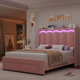 Full LED Bed Frame with USB Charging & 2 Drawers, Velvet Wingback Headboard, No Box Spring, Customized