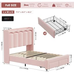 Full LED Bed Frame with USB Charging & 2 Drawers, Velvet Wingback Headboard, No Box Spring, Customized