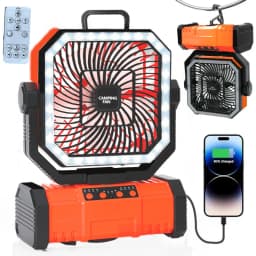 Outdoor Camping Fan 20000mAh Rechargeable Fan with LED Lantern & Remote for Fishing Travel, 4 Speeds 8H Timer, Hanging Hook Bluetooth Fan
