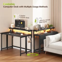 EnHomee Foldable Computer Desk with Monitor Stand & RGB LED Lights, Small Space Gaming Writing Table with Storage & Hooks