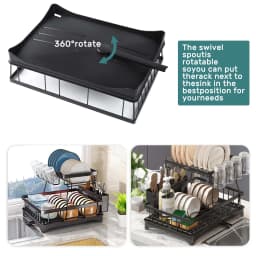 Kitchen Storage Rack, 2 Tier Dish Drainer with Drip Tray and Drainer Mat,with Utensil Holder, Swivel Spout, Draining Board