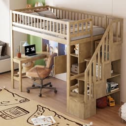 Twin Loft Bed Solid Wood L-Shaped Desk Storage Stairs LED Lights Shelves Cabinets Bookshelves Teens Adults Walnut, Customized