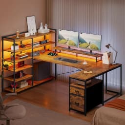 L Shaped Desk with Monitor Stand, 63'' Reversible U Shaped Office Desk with 6 Tire Storage Shelves & 2 Fabric Drawers