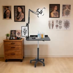 Adjustable Height Tattoo Workstation, Rolling Salon Table with LED Light, Large Panel Board for Tattoo, Beauty, Hair Styling