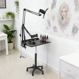 Adjustable Height Tattoo Workstation, Rolling Salon Table with LED Light, Large Panel Board for Tattoo, Beauty, Hair Styling