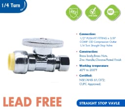 KING SMART 1/2" push fit * 3/8" Comp. OD 1/4 Turn Straight Stop Valve; For PEX Pipe, PERT, CPVC, Copper Pipe; 10Pcs/Case; 80520