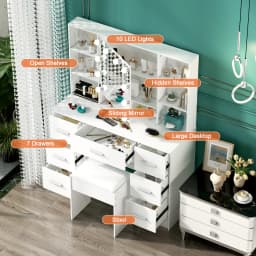 Minimalist Natural Wood Vanity with Light-Up Mirror – 3 Light Modes, Slide-Out Drawers & Shelves