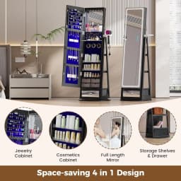 Jewelry Storage Cabinet with LED Full-Length Mirror, 360° Swivel Standing Jewelry Organizers with Shelves & Drawer, Customized