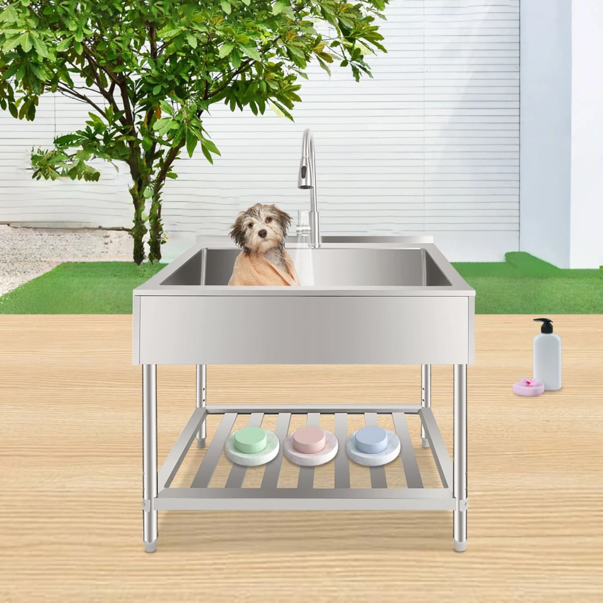 Stainless Steel Utility Sink with Faucet, Shelf & Drainboard for Laundry Garage Restaurant Outdoor 35.8x21.8