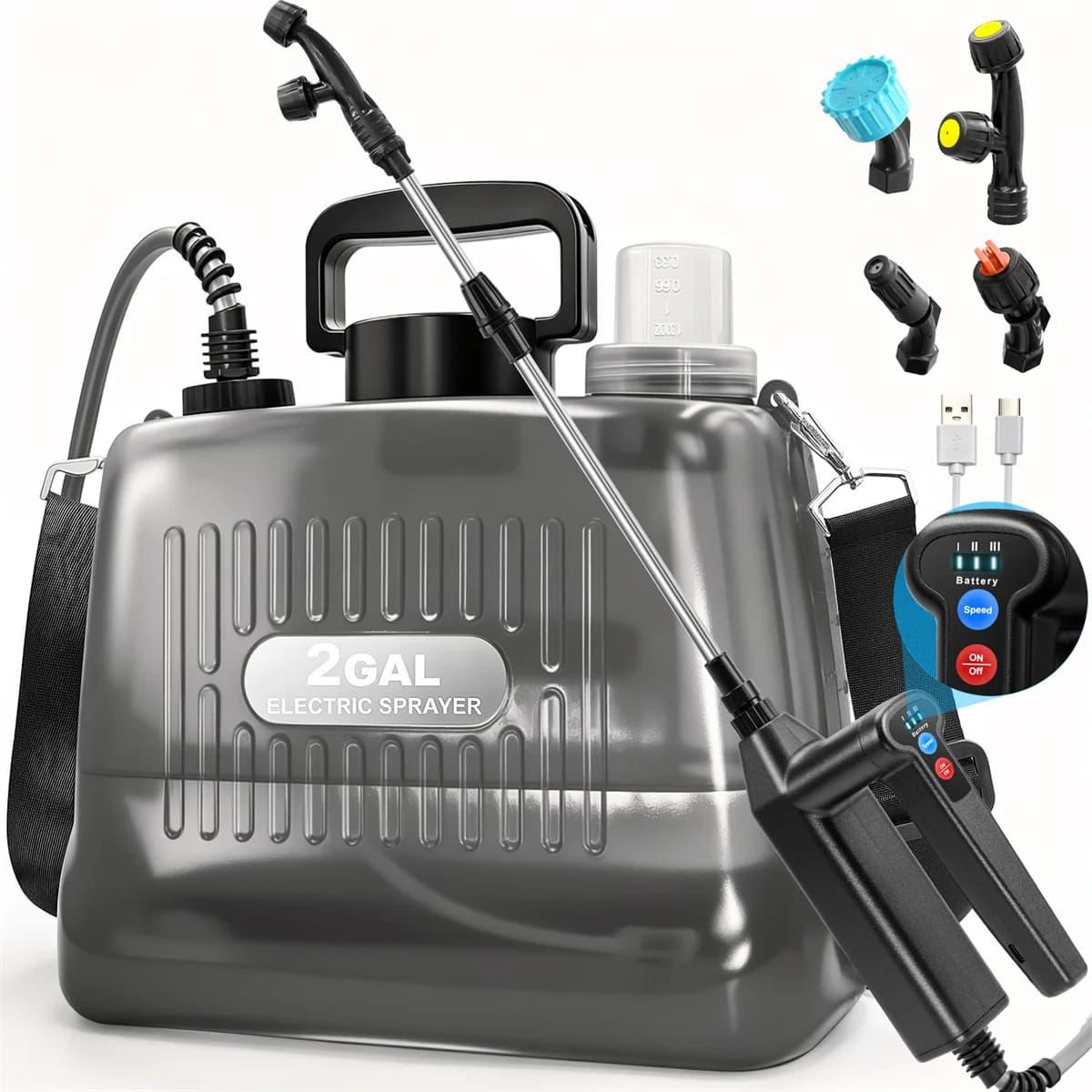 2 Gallon Battery Powered Sprayer, Electric Garden Sprayer with 3 Adjustable Pressure Levels, 4 Nozzles & Extendable Wand