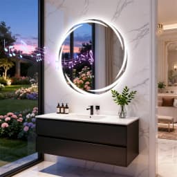 LUVODI 32" Round Bluetooth Bathroom Mirror,LED Wall Vanity with Double Speakers,Defog,Dimming & Memory Function