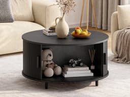 Round Coffee Table with Storage, 31.5 In Drum Coffee Table with 360° Curved Sliding Door, ModernFluted Wood Accent Coffee Tablee