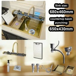 Modern Stainless Steel Kitchen Sink Multifunctional Sinks Waterfall Golden Large Single Slot Digital Display Washing Basin