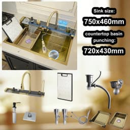 Modern Stainless Steel Kitchen Sink Multifunctional Sinks Waterfall Golden Large Single Slot Digital Display Washing Basin