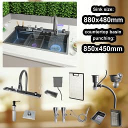Modern Stainless Steel Kitchen Sink Multifunctional Sinks Waterfall Golden Large Single Slot Digital Display Washing Basin