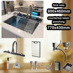 Modern Stainless Steel Kitchen Sink Multifunctional Sinks Waterfall Golden Large Single Slot Digital Display Washing Basin
