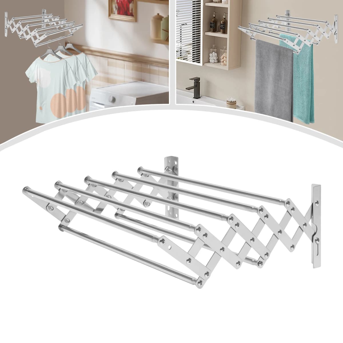42-80cm Folding Drying Rack, Clothes Hanger Rack, 7 Rods Extended Laundry Racks, Wall Mounted Retractable Bedrooms, Bathrooms
