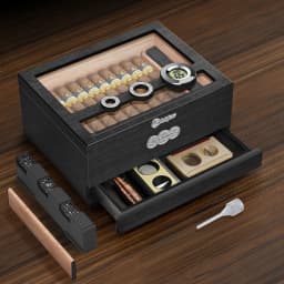 Cigar Humidor,Cedar Wood Cigars Case with Digital Hygrometer Humidifier,Measuring Scale & Drawer,Glass Top Desktop Humidor Gifts