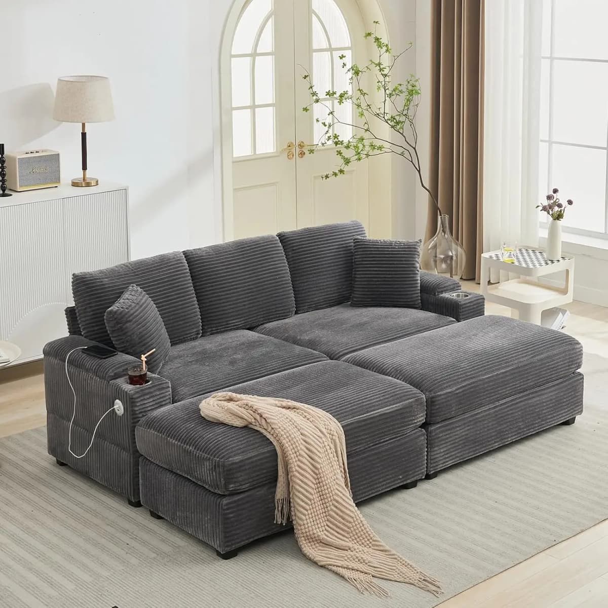 86.61'' Oversized Double Chaise Lounge with Ottomans, Comfy Corduroy Indoor Lounge Chair with Armrest Storage, Cup Holder, USB P