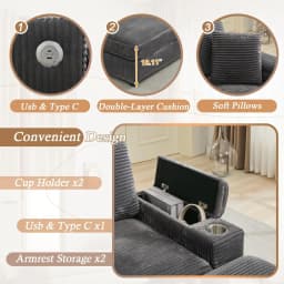 86.61'' Oversized Double Chaise Lounge with Ottomans, Comfy Corduroy Indoor Lounge Chair with Armrest Storage, Cup Holder, USB P