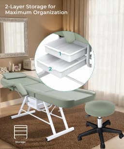 Tattoo Chair with Hydraulic Swivel Stool, Adjustable Tattoo Bed & Professional Facial Bed Set, 3-Section Reclining Tattoo Table with Storage Drawers for Tattoo Parlor & Med Spa, Light Green