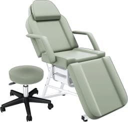 Tattoo Chair with Hydraulic Swivel Stool, Adjustable Tattoo Bed & Professional Facial Bed Set, 3-Section Reclining Tattoo Table with Storage Drawers for Tattoo Parlor & Med Spa, Light Green