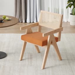 Set of 2 Mid-Century Rattan Dining Chair, Solid Ash Wood Frame, Woven Rattan Back, High-Resilience Foam, Non-Slip Pads