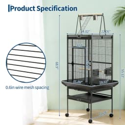 69" Extra Large Bird Cage with Rolling Stand & Play Top - Wide Metal Parrot Cage for Macaws, Cockatoos