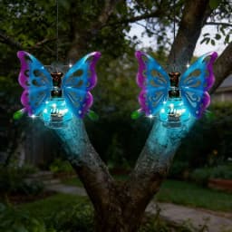 RUIDEL MICHAELS 2 sets of blue metal butterfly pendant lights, solar garden lights, outdoor cute lanterns, hanging decorations for porch, corridor garden tree decorations, and as gifts