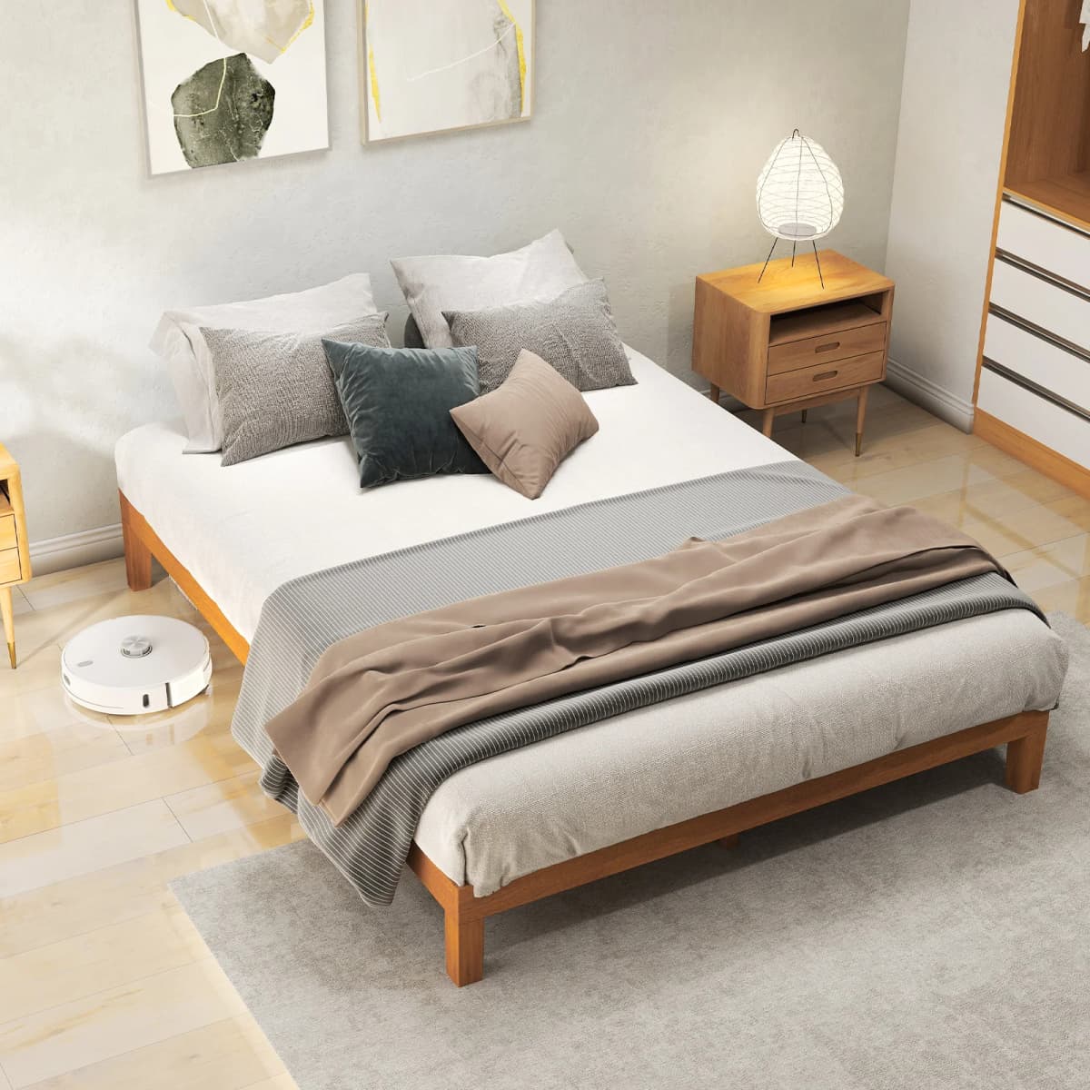 JHK Queen Solid Wood Bed Frame with Sturdy Wood Slat Support No Box Spring Needed Easy Assembly Eco-Friendly For Living Room