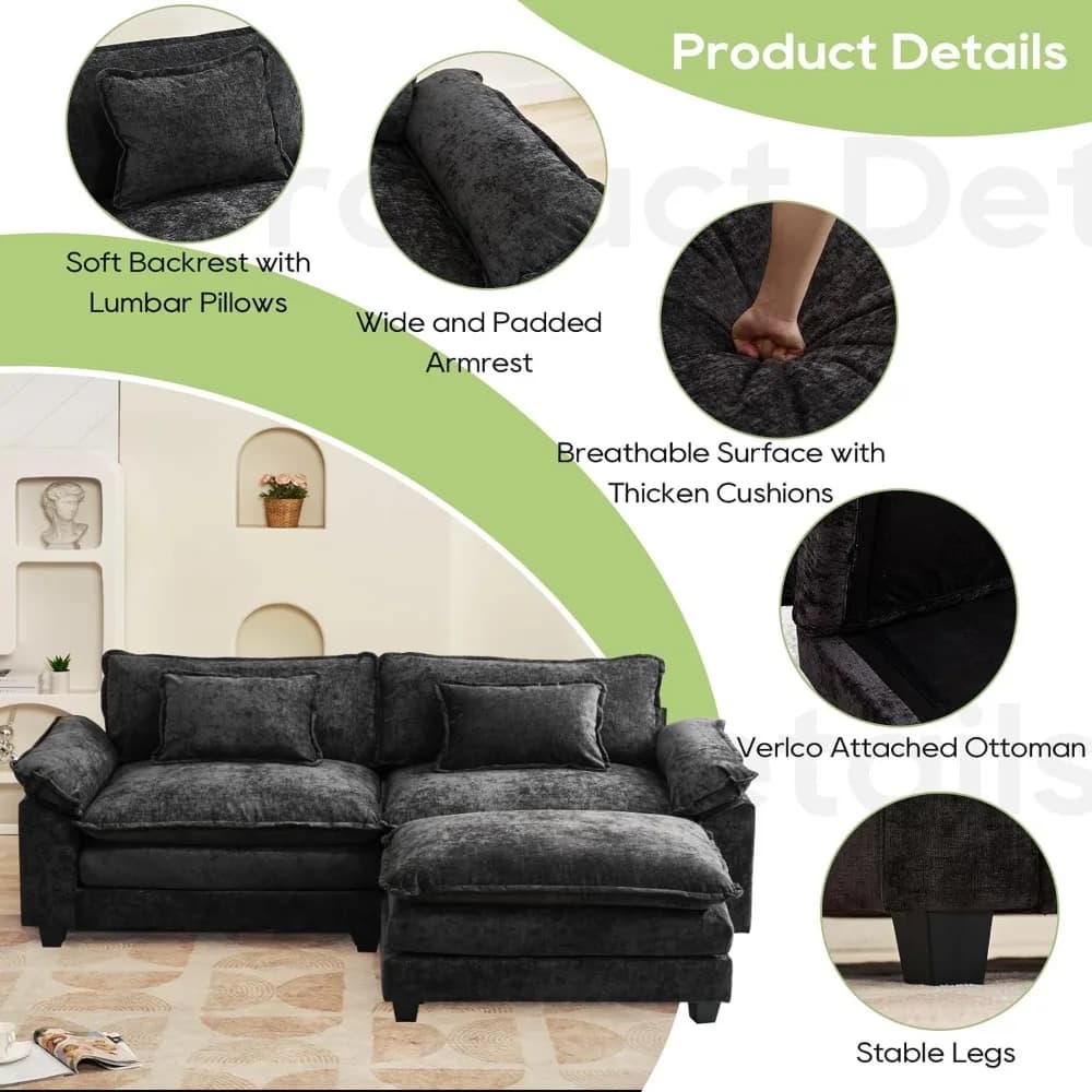 86" Modular Sectional Sofa, Comfy Cloud Couch Sectional Sofa with Ottoman, Chenille Sofa Sleeper Deep Seat Sofa, Customized