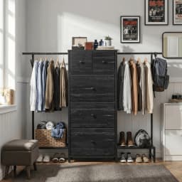 3-in-1 Dresser & Hanging Rack – 57.8" Wide with 5 Drawers & Shoe Rack, Side Hooks for Bedroom Storage and Walk-in closet