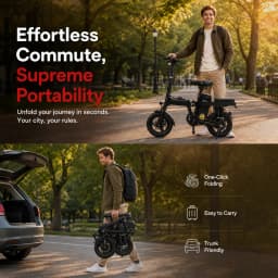This Adult Folding Electric Bicycle Features a 500-watt Motor, a 48-volt 15-amp-hour Battery, 14-inch Tires, and a Maximum Range