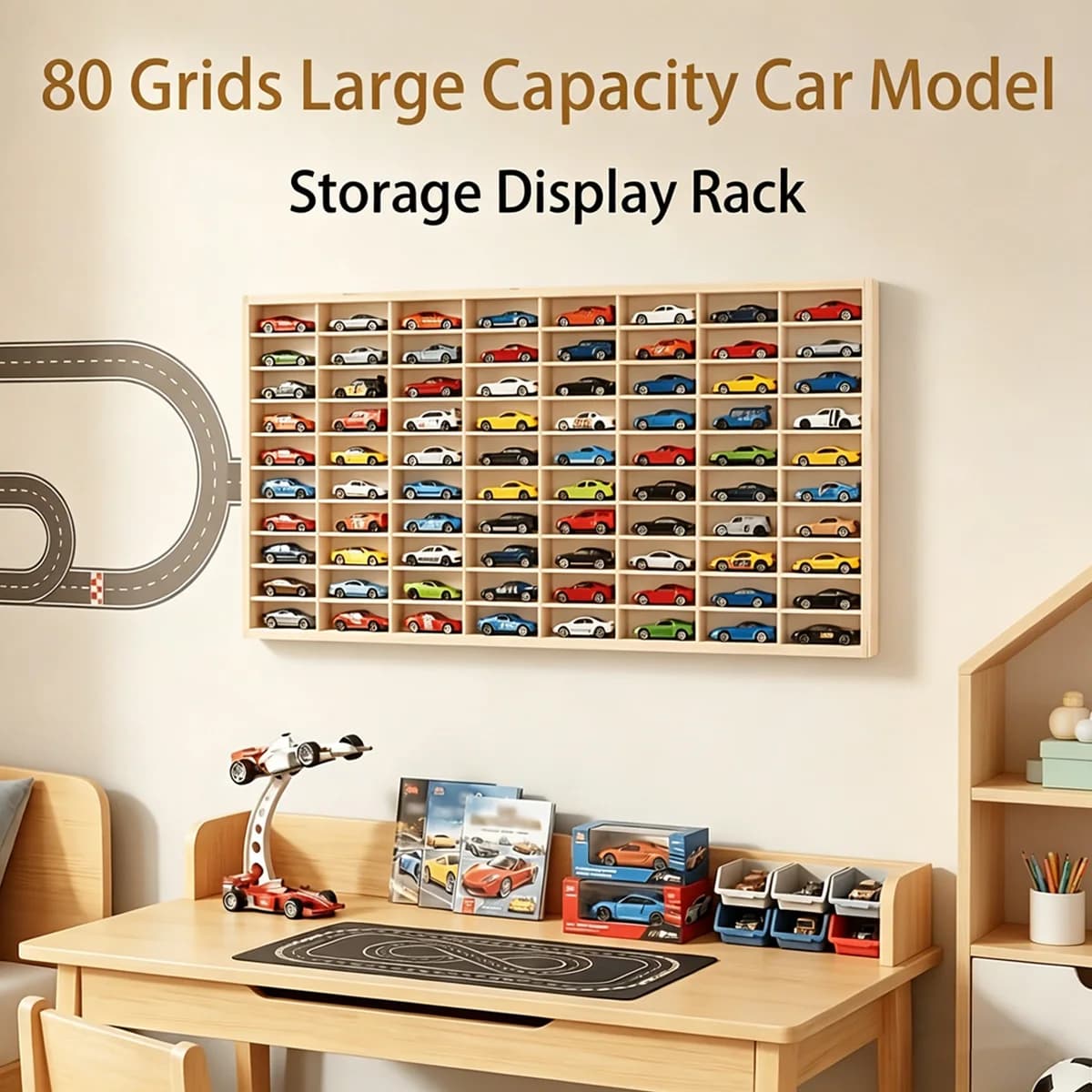 80 Slots Real Wood 1:64 Diecast Toy Car Display Case Wall Mounted Display Rack Holder Open Shelf Storage Organizer for Small Model Cars Collection Premium Solid Wood Grids Display Unit Mini Vehicles Storage Box Large Capacity Shadow Box Home Garage Decor