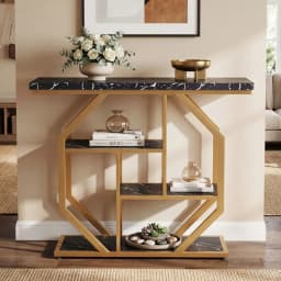 40” Console Table w/ Storage Shelves, Geometric Metal Frame for Hallway, Entrance