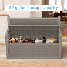 Outdoor Storage Bench with Rattan Look, Light Brown, Weatherproof Resin Patio Bench with Storage Box for Garden Backyard Poolside