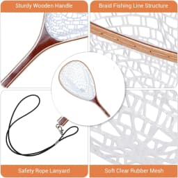 Wooden Frame Fly Fishing Landing Net with Soft Knotless Rubber Mesh, Fish Friendly Catch and Release Net for Trout Bass, Lightweight Wading Tool with Magnetic Release for Angler Gift