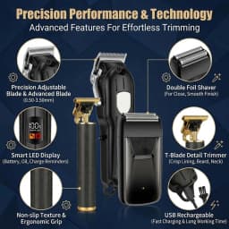 Professional Hair Clipper Set with LCD Display, Rechargeable Electric Trimmer for Men, Includes T-Outliner, Foil Shaver, Guide Combs & Accessories