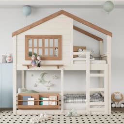 Twin House Bunk Bed Window Roof Bookshelf Wood Frame Ladder Guardrail Kids Playhouse Space Saver, Customized
