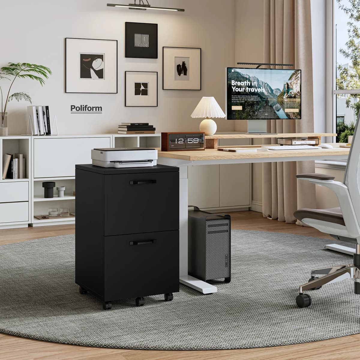 JHK Living Room 2 Drawer Rolling Wood Filing Cabinet with Printer Stand Under Desk Storage Lockable Wheels Home Office Organizer