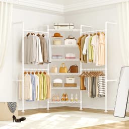 White H3 Wall Mounted Closet System, 5FT-8FT Expandable Industrial Pipe Clothes Rack with 4 Wire Shelves, Heavy Duty Clothing Rack For Hanging Clothes, Walk-In Closet Organizers And Storage In Wardrobe Closet, Black / Gold Pink