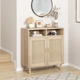 Rattan Entryway Storage Cabinet – 4 Door Sideboard Buffet with Shelf – Handwoven Boho Accent Furniture for Kitchen, Dining