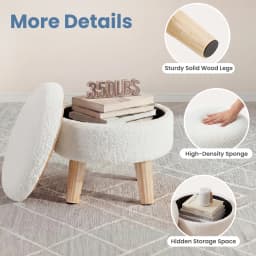 JHK Round Storage Ottoman Stool Teddy Velvet Padded Seat Footstool with Hidden Storage Wood Legs for Living Room Bedroom