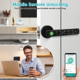 YFK Tuya 5-in-1 Smart Door Handle Lock Bluetooth Fingerprint Keyless Entry Lock Fake PIN NFC IC Card Temporary Password APP Remote Unlock Interior Smart Life Lock for Home Apartment Office Wooden Door