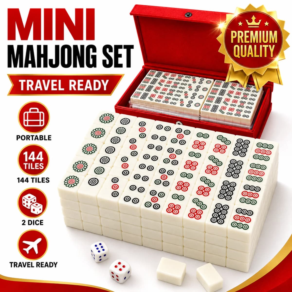 144 Tiles Mini Mahjong Game Set with 2 Dice and Red Carry Storage Case, Classic Portable Mahjong for Family Fun, Party Entertainment, Travel Activities, Table Games, Social Gatherings, Holiday Events and Indoor Play