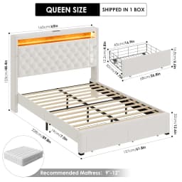 Queen LED Storage Bed Frame USB Charging Velvet Upholstered 2 Drawers Tufted Headboard No Box Spring, Customized