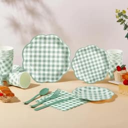 138pcs Green And White Checkered Disposable Dinner Plate Set, Scalloped Gingham Paper Plates, Cups, Knives, Forks, Spoons And Napkins for Birthday Wedding Picnic Mother'S Day Party Decorations, Serve 20 Guests